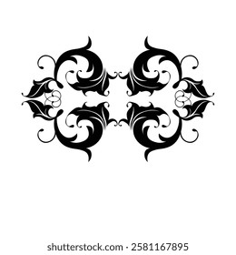 Floral Design A classic black and white floral design element featuring elegant, curved leaves and intricate detailing. Ornamental Perfect for use in decorative borders, logos