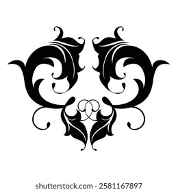 Floral Design A classic black and white floral design element featuring elegant, curved leaves and intricate detailing. Ornamental Perfect for use in decorative borders, logos