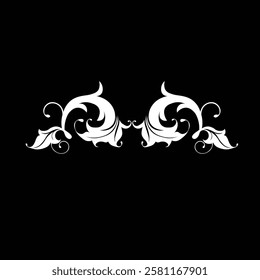 Floral Design A classic black and white floral design element featuring elegant, curved leaves and intricate detailing. Ornamental Perfect for use in decorative borders, logos