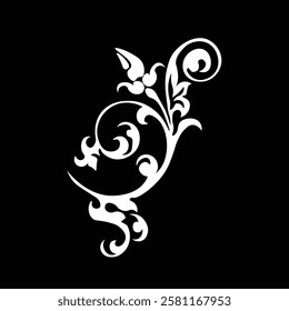 Floral Design A classic black and white floral design element featuring elegant, curved leaves and intricate detailing. Ornamental Perfect for use in decorative borders, logos