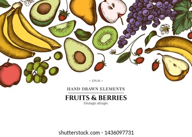 Floral design with colored apples, pears, avocado, kiwi, grapes, bananas, strawberry