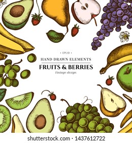 Floral design with colored apples, pears, avocado, kiwi, grapes, bananas, strawberry