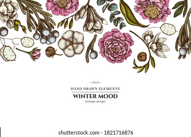 Floral design with colored ficus, eucalyptus, peony, cotton, freesia, brunia