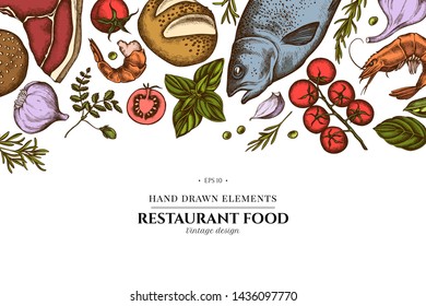 Floral design with colored garlic, cherry tomatoes, peas, fish, shrimp, cabbage, beef, buns and bread, croissants and bread, basil, rosemary