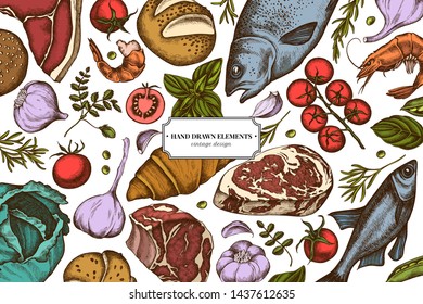 Floral design with colored garlic, cherry tomatoes, peas, fish, shrimp, cabbage, beef, buns and bread, croissants and bread, basil, rosemary