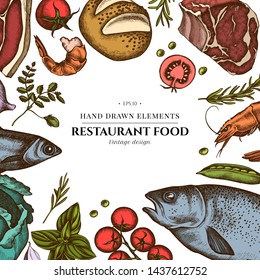 Floral design with colored garlic, cherry tomatoes, peas, fish, shrimp, cabbage, beef, buns and bread, croissants and bread, basil, rosemary