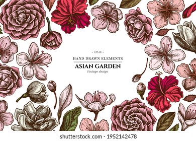 Floral design with colored hibiscus, plum flowers, peach flowers, sakura flowers, magnolia flowers, camellia japonica