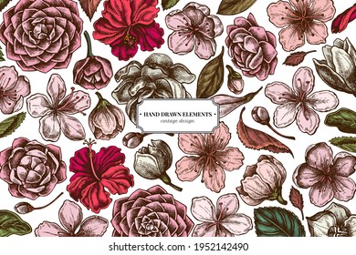 Floral design with colored hibiscus, plum flowers, peach flowers, sakura flowers, magnolia flowers, camellia japonica