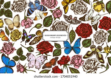 Floral design with colored menelaus blue morpho, giant swordtail, blue morpho, lemon butterfly, red lacewing, african giant swallowtail, alcides agathyrsus, wallace's golden birdwing, purple spotted