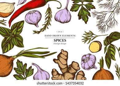 Floral design with colored onion, garlic, pepper, greenery, ginger, basil, rosemary