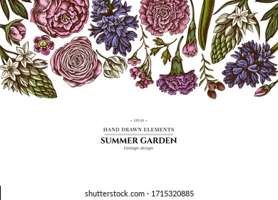 Floral design with colored peony, carnation, ranunculus, wax flower, ornithogalum, hyacinth
