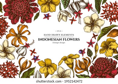 Floral design with colored plumeria, allamanda, clerodendrum, champak, etlingera, ixora