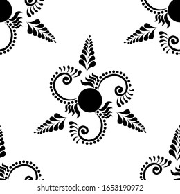 Concepto de diseño floral o Rangoli con círculo, pétalos de flores, espirales y hojas está en un patrón sin sello