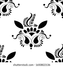 Floral design concept of Rangoli with Conch Shells, Flower petals, Spirals and leaves is in Seamless pattern