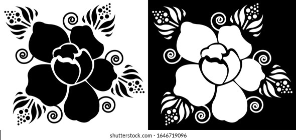 Floral design concept of Rangoli with flower petals and leaves is in black and white background