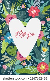 Floral design concept for Valentines Day and other users. Flower vector illustration with heart and text