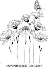 floral design, contour drawing, bouquet of stylized flowers