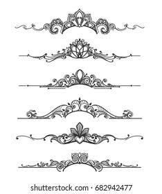 Floral design crown calligraphic elements. Linear royal tiara curly vector dividers for elegant wedding flourish invitations