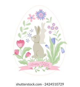 Floral design with cute bunny for Easter holiday in the egg shaped frame. Vector isolated color illustration in flat style with lettering.	