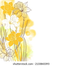 Floral design with daffodil flowers on a yellow watercolor background. Vector illustration with place for text.  Greeting card, invitation or isolated elements for design. Vertical composition. svg