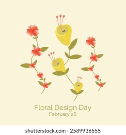 Floral Design Day celebrated on February 28 vector, illustration. Flowers yellow and pink.
