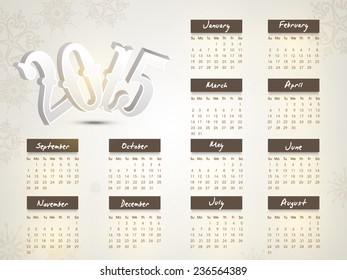 Floral design decorated annual calendar of 2015 for Happy New Year celebrations.