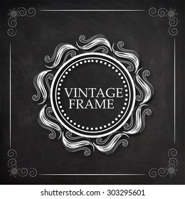 Floral design decorated beautiful rounded vintage frame created by white chalk on blackboard background.