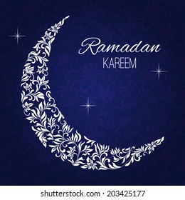 Floral design decorated crescent moon on blue background for holy month of Muslim community Ramadan Kareem