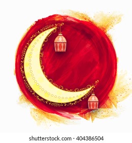 Floral design decorated crescent moon with hanging lamps on creative background for Islamic Festival celebration.