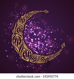 Floral design decorated golden crescent moon on shiny purple background, beautiful greeting card design for holy month of Ramadan Kareem.