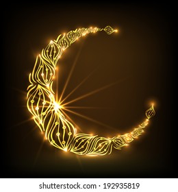 Floral design decorated golden crescent moon on brown background, beautiful greeting card design for muslim community holy month of Ramadan Kareem.