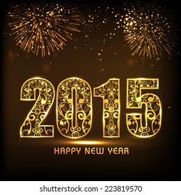 Floral design decorated golden text 2015 on fireworks decorated brown background for Happy New Year 2015 celebrations. 