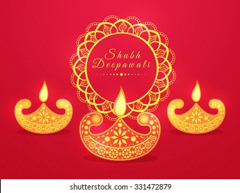 Floral design decorated illuminated lit lamps on glossy background for Indian Festival of Lights, Happy Diwali celebration.