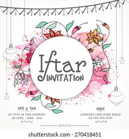 Floral design decorated invitation card for holy month of Muslim community, Ramadan Kareem Iftar Party celebration.