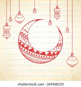 Floral design decorated moon with hanging Arabic lamps and stars on notebook paper background for holy month of Muslim community Ramadan Kareem celebration. 
