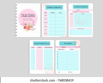 Floral design decorated teacher's binder or lesson plan in pink and blue colors.