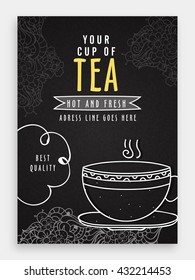 Floral design decorated, Template, Banner, Flyer or Menu Card with illustration of Tea Cup for Cafe and Restaurants.
