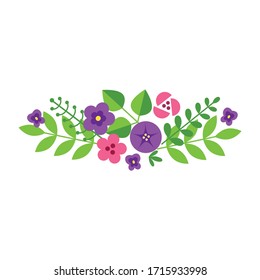 Floral design element. Bouquet of violet and pink summer flowers on a white background. Vector 8 EPS.
