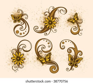 Floral design element with butterfly and drop