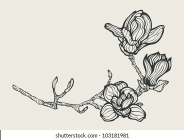 Floral design element with fantastic branch of flowers, hand drawn original style black and white vector illustration