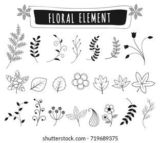 Floral Design Element ,Hand Drawn Leaves and Flowers in Various Shape for Design Ornament