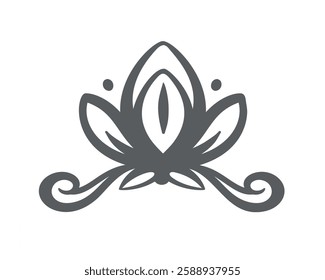 Floral design element, lily flower and swirls line icon. Outline hand drawn vintage flower with petals and flourishes, calligraphy ornate pattern. Lotus blossom tattoo icon vector illustration