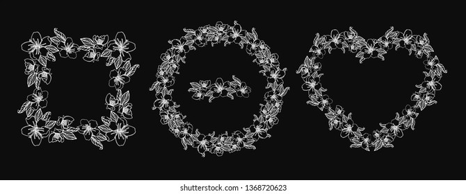 floral design element wreath from cherry flowers, isolated on black background. stock vector illustration.