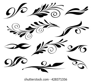 Floral design elements black on white isolated.
