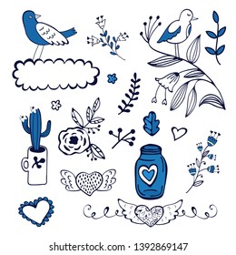 Floral design elements collection in blue colors