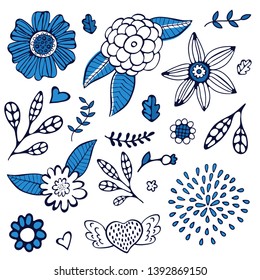 Floral design elements collection in blue colors