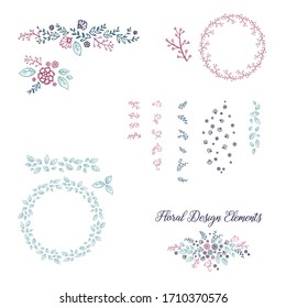 Floral design elements collection of flowers curls swirls leaves berries and branches that can be used for wreaths, flower arrangements, bouquets, borders, wedding announcements or invitations vector 