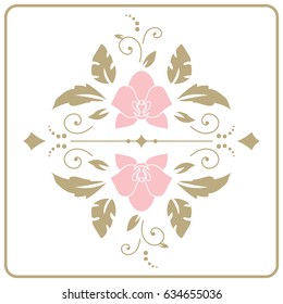 Floral design elements. Fine original decorative branches with flowers. Exotic tropical  decor with orchids flowers.