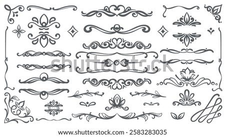 Floral design elements and flourishes line icons set. Outline hand drawn vintage ornate borders and frames with flowers and hearts, retro calligraphic decor design collection vector illustration