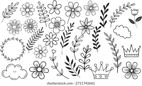 Elementos de design floral com flores e folhas vetor conjunto padrão fundo